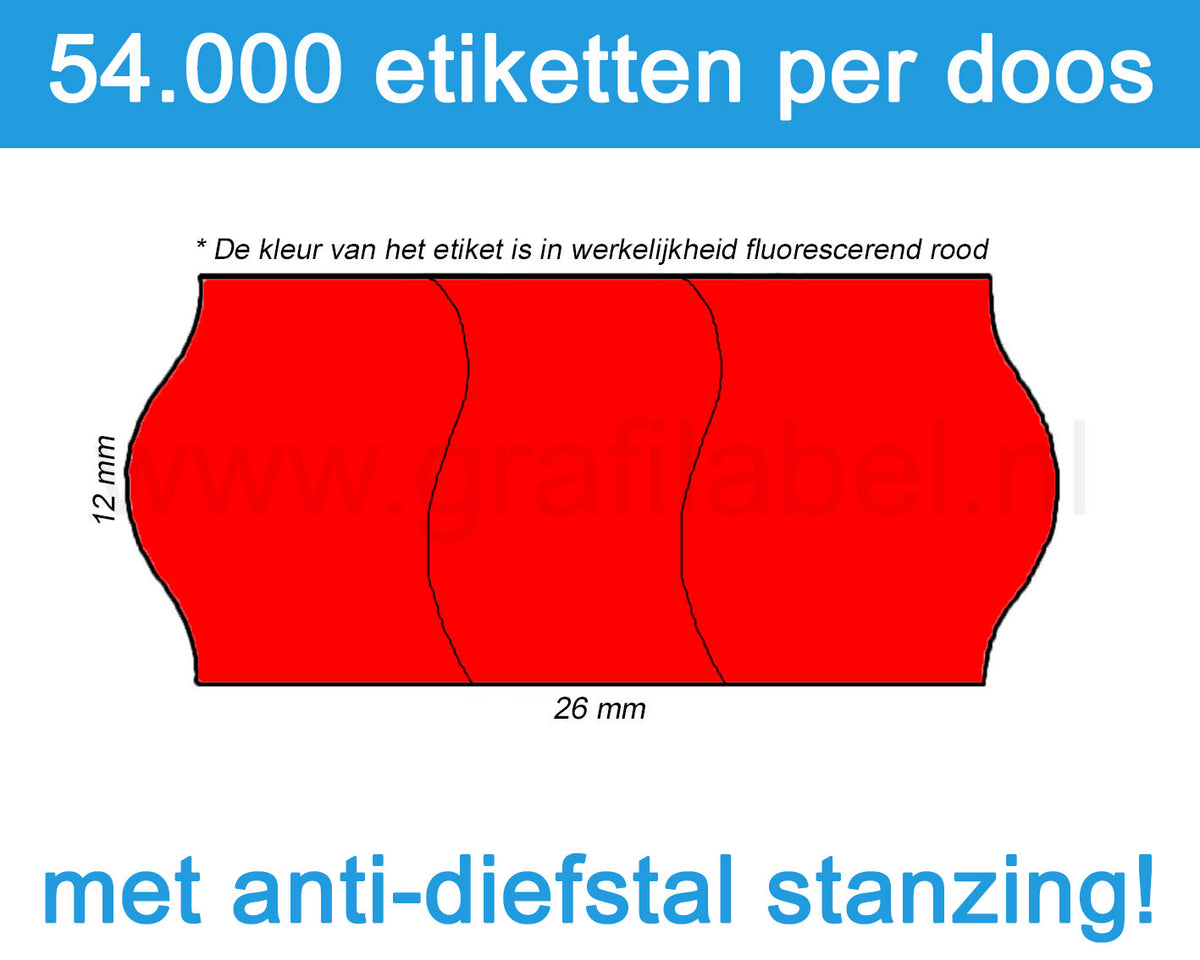 Prijsetiket fluor rood 26x12mm met security cuts - permanente belijming - doos à 36 rol à 1.500 etiketten