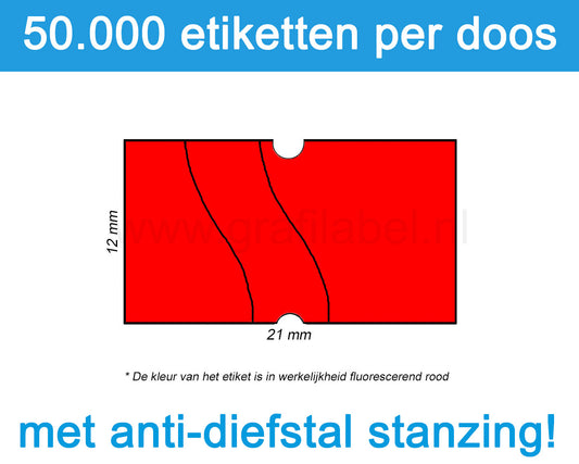 Prijsetiket fluor rood 21x12mm met security cuts - permanente belijming - doos à 50 rol à 1.000 etiketten
