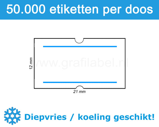Prijsetiket wit 21x12mm met 2 blauwe strepen - diepvries belijming - doos à 50 rol à 1.000 etiketten