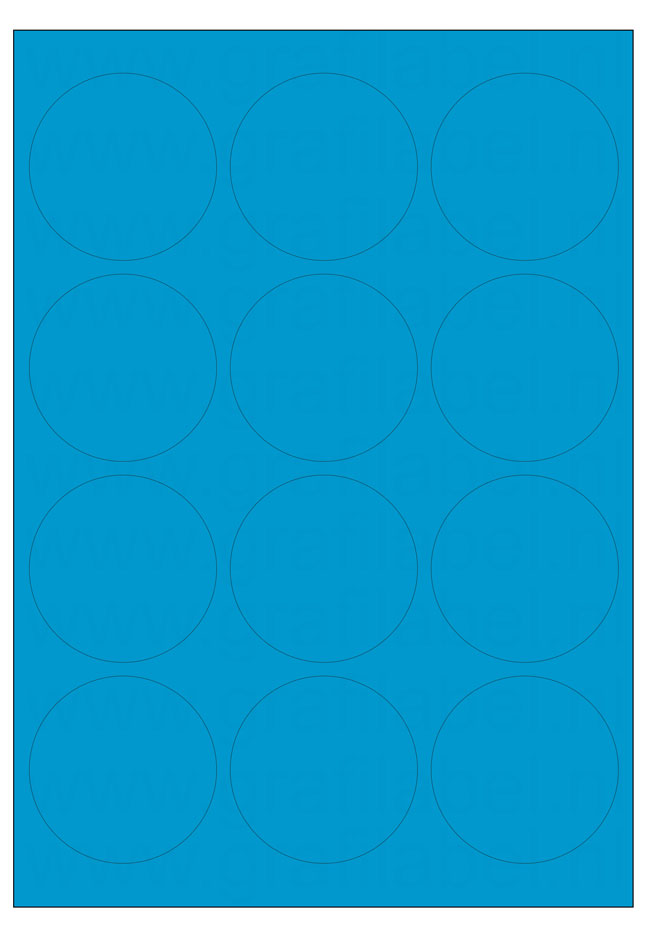 Blauw A4 etiket / Laservel -- Ø63,5mm rond - 12 per vel permanent (doos à 200 vel)