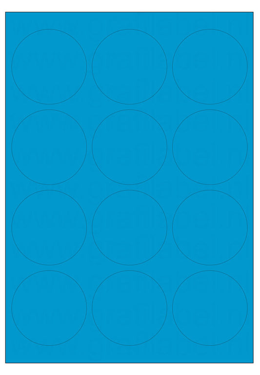 Blauw A4 etiket / Laservel -- Ø63,5mm rond - 12 per vel permanent (doos à 200 vel)