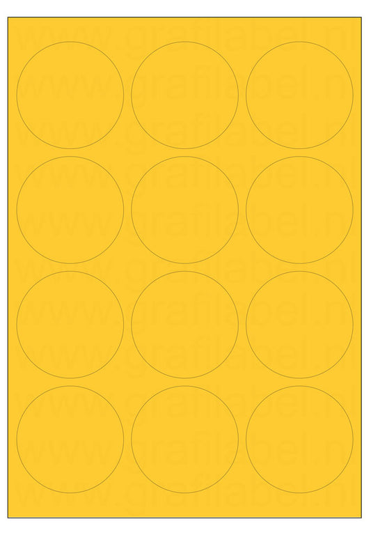 Geel A4 etiket / Laservel -- Ø63,5mm rond - 12 per vel permanent (doos à 200 vel)