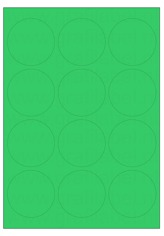 Groen A4 etiket / Laservel -- Ø63,5mm rond - 12 per vel permanent (doos à 200 vel)
