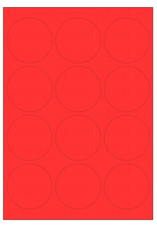 Rood A4 etiket / Laservel -- Ø63,5mm rond - 12 per vel permanent (doos à 200 vel)