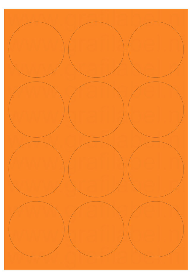 Oranje A4 etiket / Laservel -- Ø63,5mm rond - 12 per vel permanent (doos à 200 vel)