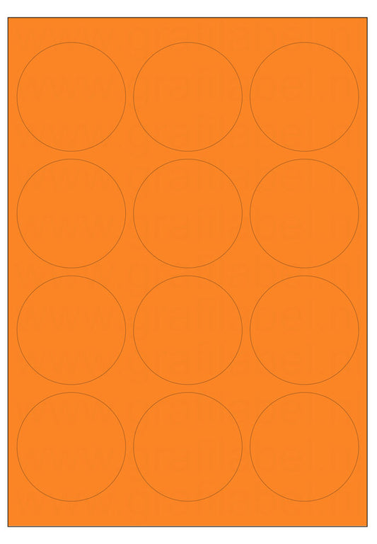 Oranje A4 etiket / Laservel -- Ø63,5mm rond - 12 per vel permanent (doos à 200 vel)