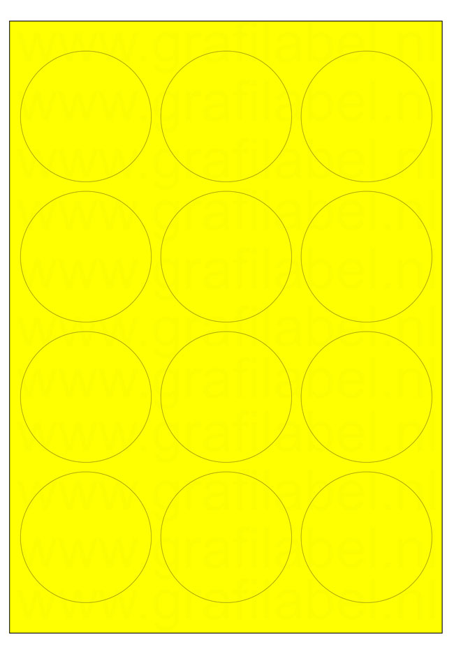 Fluor geel A4 etiket / Laservel Ø63,5mm rond - 12 per vel permanent (doos à 200 vel)