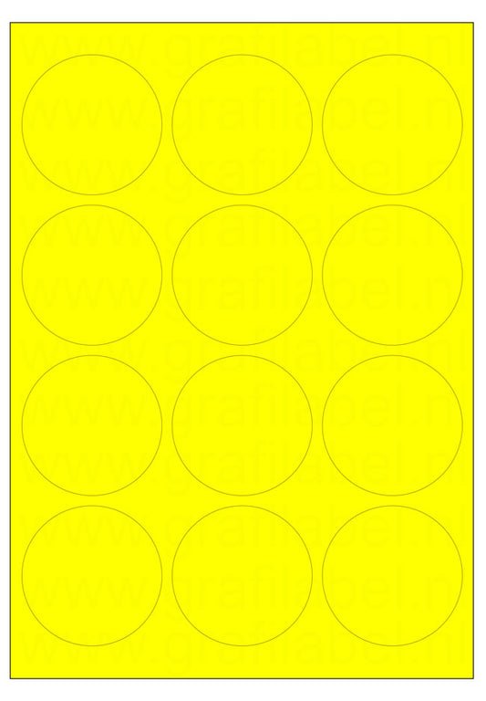Fluor geel A4 etiket / Laservel Ø63,5mm rond - 12 per vel permanent (doos à 200 vel)