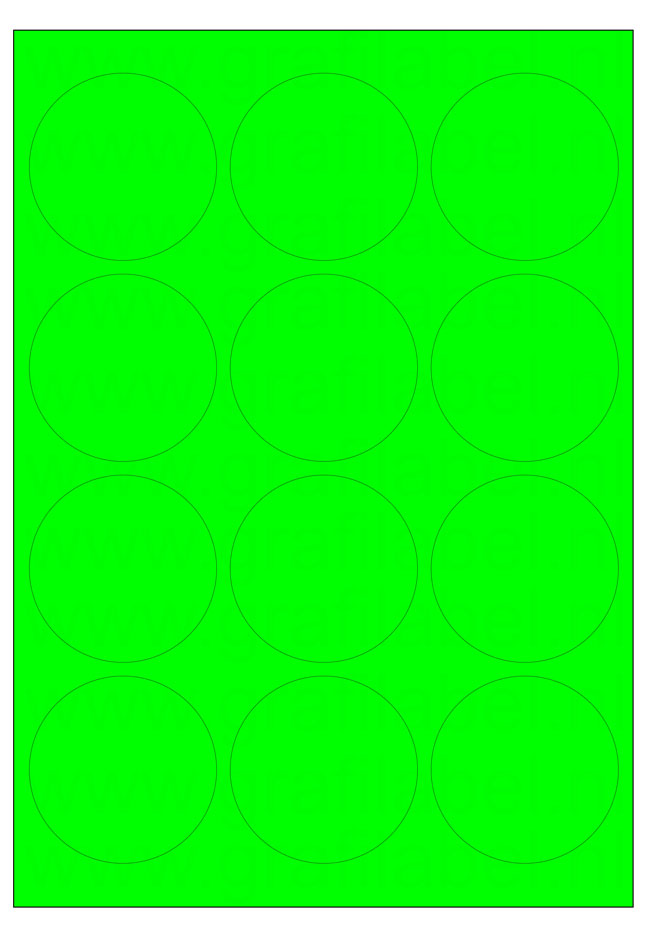 Fluor groen A4 etiket / Laservel Ø63,5mm rond - 12 per vel permanent (doos à 200 vel)