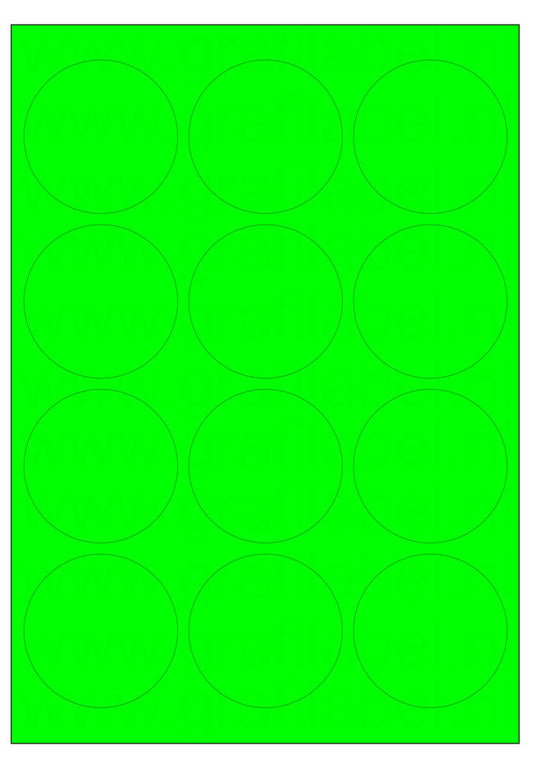 Fluor groen A4 etiket / Laservel Ø63,5mm rond - 12 per vel permanent (doos à 200 vel)