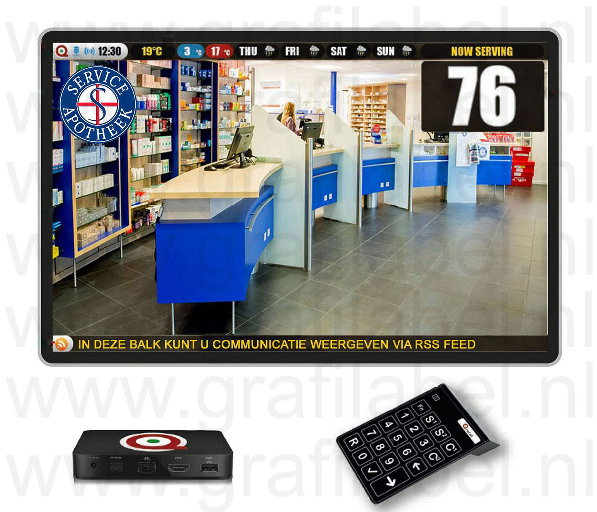 Multimedia volgnummersysteem (wachtkamerscherm) met narrowcasting